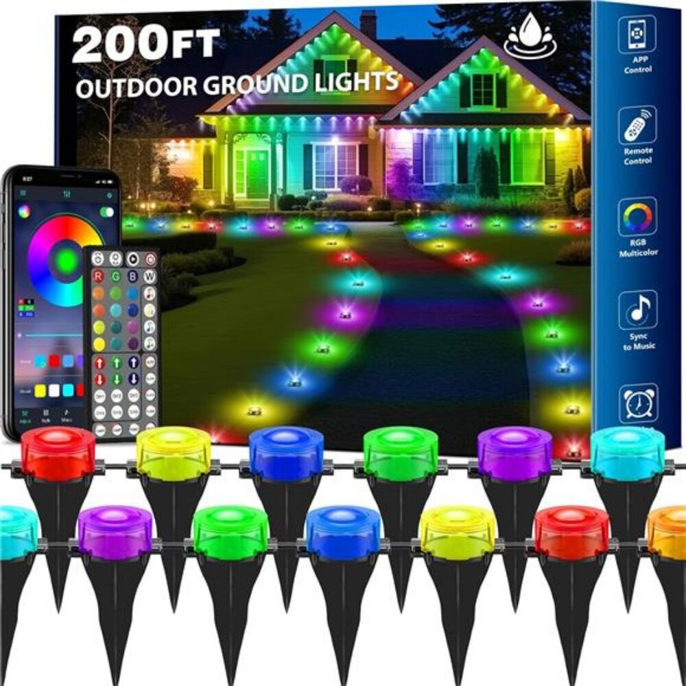 RGB Outdoor Ground Lights, 200Ft Color Changing Pathway Lights with Remote &